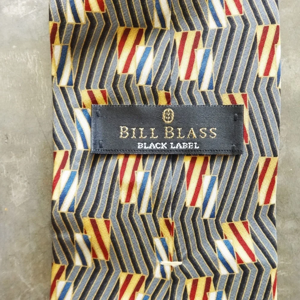 Bill Blass Black Label Silk Tie Black Red Yellow Blue Gold Grey Geometric Print